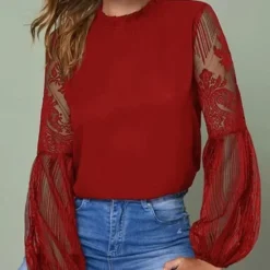 Sale Women's Boho Shirt Lace Shirt Blouse Mesh Patchwork Top Solid / Plain Color Classic Lace Sweet Lantern Sleeve Party Daily Going out Embroidery Black Wine Dark Blue Spring & Fall Fall & Winter Women Lace Tops