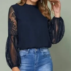 Sale Women's Boho Shirt Lace Shirt Blouse Mesh Patchwork Top Solid / Plain Color Classic Lace Sweet Lantern Sleeve Party Daily Going out Embroidery Black Wine Dark Blue Spring & Fall Fall & Winter Women Lace Tops