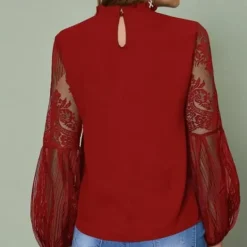 Sale Women's Boho Shirt Lace Shirt Blouse Mesh Patchwork Top Solid / Plain Color Classic Lace Sweet Lantern Sleeve Party Daily Going out Embroidery Black Wine Dark Blue Spring & Fall Fall & Winter Women Lace Tops
