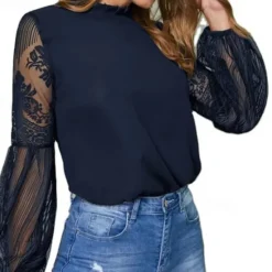 Sale Women's Boho Shirt Lace Shirt Blouse Mesh Patchwork Top Solid / Plain Color Classic Lace Sweet Lantern Sleeve Party Daily Going out Embroidery Black Wine Dark Blue Spring & Fall Fall & Winter Women Lace Tops