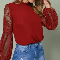 Sale Women's Boho Shirt Lace Shirt Blouse Mesh Patchwork Top Solid / Plain Color Classic Lace Sweet Lantern Sleeve Party Daily Going out Embroidery Black Wine Dark Blue Spring & Fall Fall & Winter Women Lace Tops