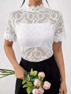 Outlet Women's Boho Shirt Lace Splicing Top Hawaiian Short Sleeve Asymmetrical Regular Tops Lace Summer Spring Women Lace Tops