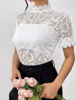 Outlet Women's Boho Shirt Lace Splicing Top Hawaiian Short Sleeve Asymmetrical Regular Tops Lace Summer Spring Women Lace Tops
