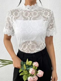 Outlet Women's Boho Shirt Lace Splicing Top Hawaiian Short Sleeve Asymmetrical Regular Tops Lace Summer Spring Women Lace Tops