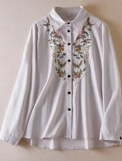 Discount Women's Boho Shirt Linen-Inspired Shirts Button Up Floral Flower Casual Long Sleeve Bishop Sleeve Square Neck Regular Tops Valentine's Day Work Daily Embroidered Spring, Fall, Winter, Summer Women Shirts|Boho Tops