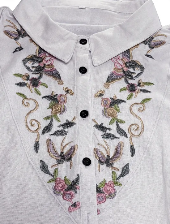 Discount Women's Boho Shirt Linen-Inspired Shirts Button Up Floral Flower Casual Long Sleeve Bishop Sleeve Square Neck Regular Tops Valentine's Day Work Daily Embroidered Spring, Fall, Winter, Summer Women Shirts|Boho Tops