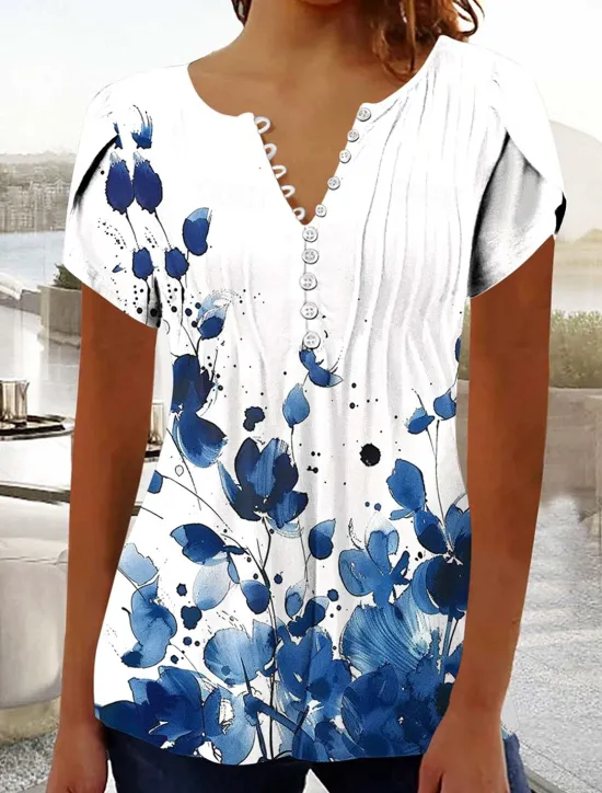 Best Women's Boho Shirt Ombre Floral Graphic Bohemia Vintage Daily Sleeveless Short Sleeve Notched Neck Regular Tops Daily Holiday Vacation Wear Ruffle Smocked Sage Green Black Red Blue Purple Summer Women Blouses & Shirts