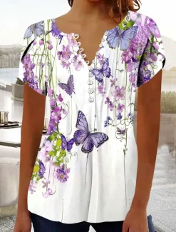 Best Women's Boho Shirt Ombre Floral Graphic Bohemia Vintage Daily Sleeveless Short Sleeve Notched Neck Regular Tops Daily Holiday Vacation Wear Ruffle Smocked Sage Green Black Red Blue Purple Summer Women Blouses & Shirts