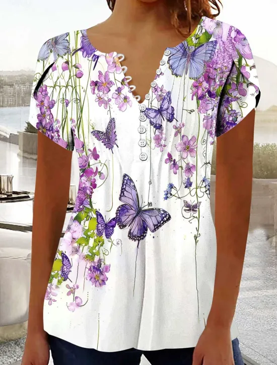 Best Women's Boho Shirt Ombre Floral Graphic Bohemia Vintage Daily Sleeveless Short Sleeve Notched Neck Regular Tops Daily Holiday Vacation Wear Ruffle Smocked Sage Green Black Red Blue Purple Summer Women Blouses & Shirts