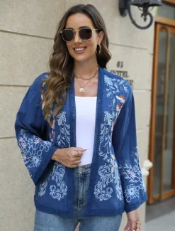 Outlet Women's Boho Shirt Shrugs Floral Flower Casual Boho Long Sleeve Bell Sleeve Asymmetrical Regular Tops Valentine's Day Work Daily Embroidered All Seasons Women Boho Tops