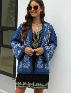 Discount Women's Boho Shirt Shrugs Floral Flower Casual Boho Long Sleeve Bell Sleeve Asymmetrical Regular Tops Valentine's Day Work Daily Embroidered All Seasons Women Boho Tops