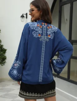 Discount Women's Boho Shirt Shrugs Floral Flower Casual Boho Long Sleeve Bell Sleeve Asymmetrical Regular Tops Valentine's Day Work Daily Embroidered All Seasons Women Boho Tops