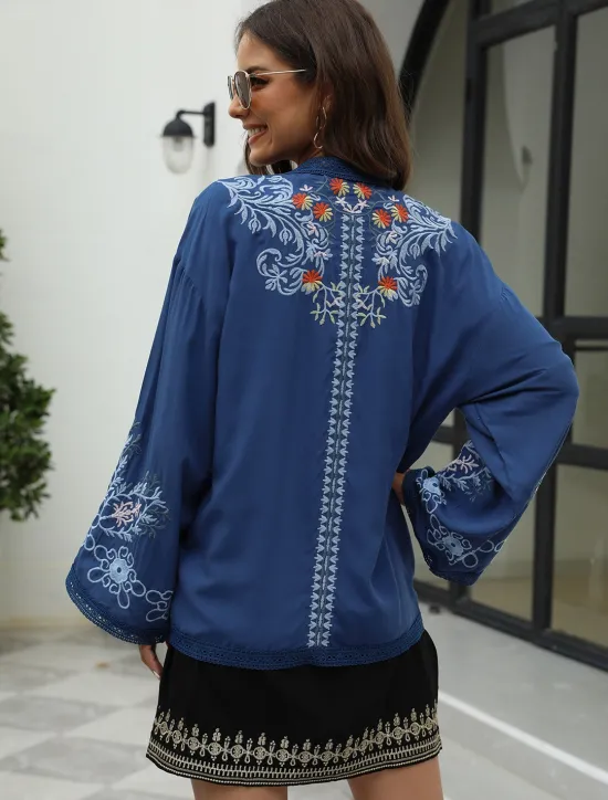 Discount Women's Boho Shirt Shrugs Floral Flower Casual Boho Long Sleeve Bell Sleeve Asymmetrical Regular Tops Valentine's Day Work Daily Embroidered All Seasons Women Boho Tops