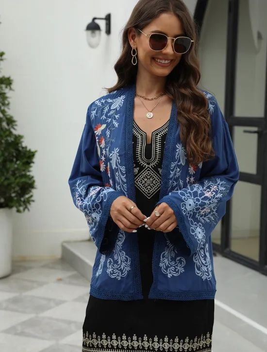 Discount Women's Boho Shirt Shrugs Floral Flower Casual Boho Long Sleeve Bell Sleeve Asymmetrical Regular Tops Valentine's Day Work Daily Embroidered All Seasons Women Boho Tops