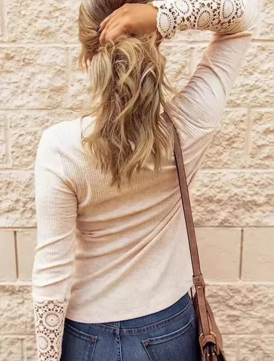 Online Women's Boho Shirt T Shirt Solid Color Ladies Long Sleeve Crew Neck Regular Tops Work Going out Eyelet Spring Fall Women Lace Tops