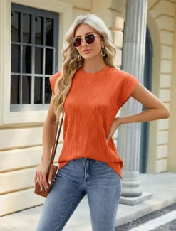New Women's Boho T-shirt Plain Bohemia Stylish Basic Short Sleeve Flutter Sleeve Round Neck Regular Tops Daily Going out Weekend Tunic Light Green Pink Royal Blue Orange Green Summer Women T-Shirts