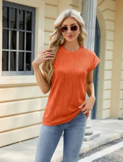 New Women's Boho T-shirt Plain Bohemia Stylish Basic Short Sleeve Flutter Sleeve Round Neck Regular Tops Daily Going out Weekend Tunic Light Green Pink Royal Blue Orange Green Summer Women T-Shirts