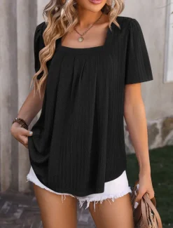Outlet Women's Boho T-shirt Plain Bohemia Stylish Basic Short Sleeve Puff Sleeve Square Neck Regular Tops Daily Going out Weekend Dressy Tunic Black White Light Green Pink Royal Blue Summer Women T-Shirts