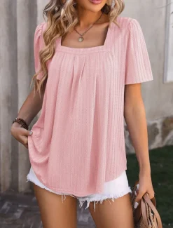 Outlet Women's Boho T-shirt Plain Bohemia Stylish Basic Short Sleeve Puff Sleeve Square Neck Regular Tops Daily Going out Weekend Dressy Tunic Black White Light Green Pink Royal Blue Summer Women T-Shirts