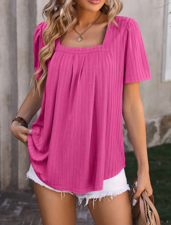 Outlet Women's Boho T-shirt Plain Bohemia Stylish Basic Short Sleeve Puff Sleeve Square Neck Regular Tops Daily Going out Weekend Dressy Tunic Black White Light Green Pink Royal Blue Summer Women T-Shirts