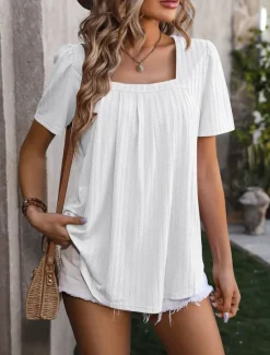 Outlet Women's Boho T-shirt Plain Bohemia Stylish Basic Short Sleeve Puff Sleeve Square Neck Regular Tops Daily Going out Weekend Dressy Tunic Black White Light Green Pink Royal Blue Summer Women T-Shirts