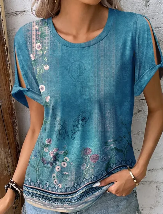 Women's Boho T-shirt T Shirt Floral Fashion Short Sleeve Round Neck Regular Tops Casual Holiday Cut Out Red Blue Purple Green Summer Women Boho Tops