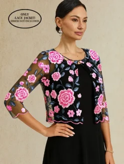 Best Women's Bolero Lace Embroidered Elegant Floral Formal Regular Crewneck Loose Fit 3/4 Length Sleeve Outerwear White Summer Spring Fall Winter Women Blazers & Suits