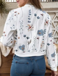 Discount Women's Bomber Jacket Casual Jacket Comfortable Breathable Zipper Pocket Print Casual Floral Vacation Street Casual Daily Wear Zipper Short Stand Collar Regular Fit Long Sleeve Outerwear White Pink Women Jackets