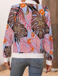 Discount Women's Bomber Jacket Casual Jacket Comfortable Breathable Zipper Pocket Print Casual Floral Vacation Street Casual Daily Wear Zipper Short Stand Collar Regular Fit Long Sleeve Outerwear White Pink Women Jackets