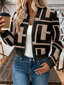 New Women's Bomber Jacket Casual Jacket Comfortable Breathable Zipper Print Casual Geometric Vacation Street Casual Daily Wear Zipper Short Stand Collar Regular Fit Long Sleeve Outerwear Summer Women Jackets