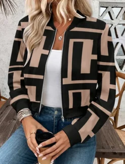 New Women's Bomber Jacket Casual Jacket Comfortable Breathable Zipper Print Casual Geometric Vacation Street Casual Daily Wear Zipper Short Stand Collar Regular Fit Long Sleeve Outerwear Summer Women Jackets