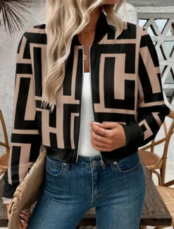 New Women's Bomber Jacket Casual Jacket Comfortable Breathable Zipper Print Casual Geometric Vacation Street Casual Daily Wear Zipper Short Stand Collar Regular Fit Long Sleeve Outerwear Summer Women Jackets