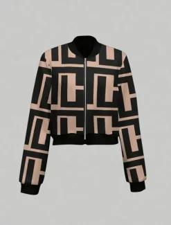 New Women's Bomber Jacket Casual Jacket Comfortable Breathable Zipper Print Casual Geometric Vacation Street Casual Daily Wear Zipper Short Stand Collar Regular Fit Long Sleeve Outerwear Summer Women Jackets