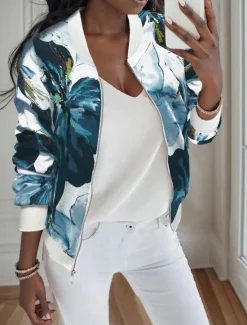 New Women's Bomber Jacket Casual Jacket Comfortable Breathable Zipper Print Casual Floral Vacation Street Casual Daily Wear Zipper Short Stand Collar Regular Fit Long Sleeve Outerwear Purple Green Summer Women Jackets