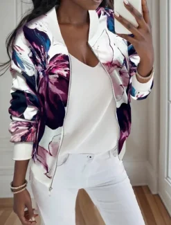 New Women's Bomber Jacket Casual Jacket Comfortable Breathable Zipper Print Casual Floral Vacation Street Casual Daily Wear Zipper Short Stand Collar Regular Fit Long Sleeve Outerwear Purple Green Summer Women Jackets