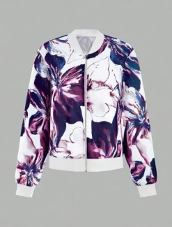 New Women's Bomber Jacket Casual Jacket Comfortable Breathable Zipper Print Casual Floral Vacation Street Casual Daily Wear Zipper Short Stand Collar Regular Fit Long Sleeve Outerwear Purple Green Summer Women Jackets