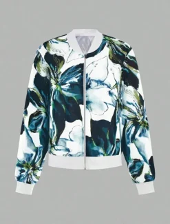 New Women's Bomber Jacket Casual Jacket Comfortable Breathable Zipper Print Casual Floral Vacation Street Casual Daily Wear Zipper Short Stand Collar Regular Fit Long Sleeve Outerwear Purple Green Summer Women Jackets