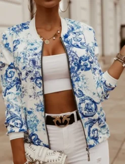 Outlet Women's Bomber Jacket Casual Jacket Comfortable Breathable Zipper Pocket Print Casual Floral Vacation Street Casual Daily Wear Zipper Short Stand Collar Slim Long Sleeve Outerwear Black And White Women Jackets