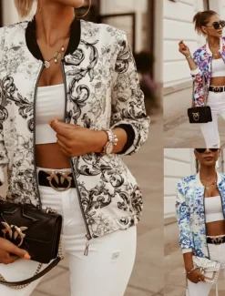 Outlet Women's Bomber Jacket Casual Jacket Comfortable Breathable Zipper Pocket Print Casual Floral Vacation Street Casual Daily Wear Zipper Short Stand Collar Slim Long Sleeve Outerwear Black And White Women Jackets