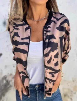 Hot Women's Bomber Jacket Casual Jacket Comfortable Breathable Zipper Print Casual Leopard Vacation Street Casual Daily Wear Zipper Regular Stand Collar Regular Fit Long Sleeve Outerwear Pink Apricot Women Jackets