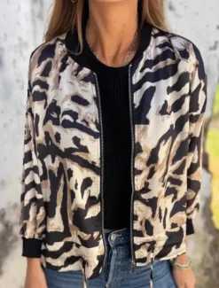 Hot Women's Bomber Jacket Casual Jacket Comfortable Breathable Zipper Print Casual Leopard Vacation Street Casual Daily Wear Zipper Regular Stand Collar Regular Fit Long Sleeve Outerwear Pink Apricot Women Jackets