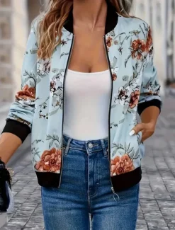Online Women's Bomber Jacket Casual Jacket Comfortable Breathable Zipper Print Casual Floral Vacation Street Casual Daily Wear Zipper Short Stand Collar Regular Fit Long Sleeve Outerwear Black White Navy Women Jackets