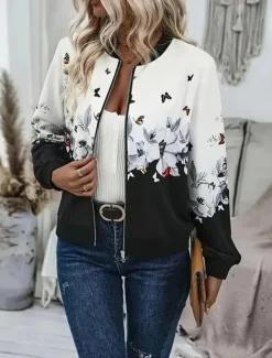 Online Women's Bomber Jacket Casual Jacket Comfortable Breathable Zipper Print Casual Floral Vacation Street Casual Daily Wear Zipper Short Stand Collar Regular Fit Long Sleeve Outerwear Black White Navy Women Jackets