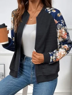 Online Women's Bomber Jacket Casual Jacket Comfortable Breathable Zipper Print Casual Floral Vacation Street Casual Daily Wear Zipper Short Stand Collar Regular Fit Long Sleeve Outerwear Black White Navy Women Jackets