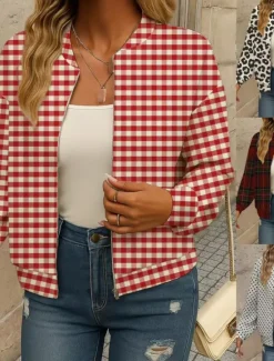 Sale Women's Bomber Jacket Casual Jacket Comfortable Breathable Zipper Pocket Print Casual Plaid Vacation Street Casual Daily Wear Zipper Regular Stand Collar Loose Fit Long Sleeve Outerwear Black White Women Jackets