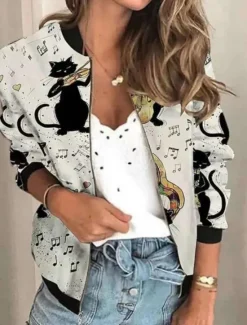 Online Women's Bomber Jacket Casual Jacket Comfortable Breathable Zipper Print Casual Floral Vacation Street Casual Daily Wear Zipper Short Stand Collar Regular Fit Long Sleeve Outerwear Black Green Rainbow Women Jackets
