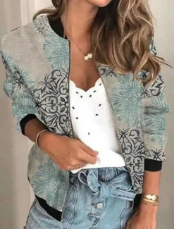 Online Women's Bomber Jacket Casual Jacket Comfortable Breathable Zipper Print Casual Floral Vacation Street Casual Daily Wear Zipper Short Stand Collar Regular Fit Long Sleeve Outerwear Black Green Rainbow Women Jackets