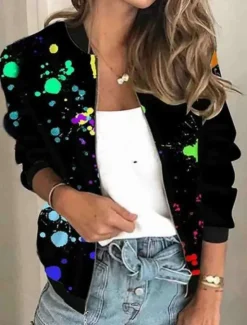Online Women's Bomber Jacket Casual Jacket Comfortable Breathable Zipper Print Casual Floral Vacation Street Casual Daily Wear Zipper Short Stand Collar Regular Fit Long Sleeve Outerwear Black Green Rainbow Women Jackets