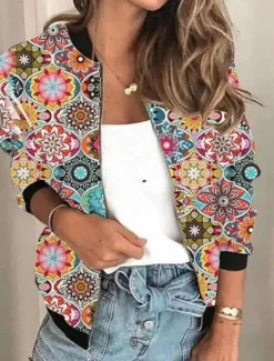Online Women's Bomber Jacket Casual Jacket Comfortable Breathable Zipper Print Casual Floral Vacation Street Casual Daily Wear Zipper Short Stand Collar Regular Fit Long Sleeve Outerwear Black Green Rainbow Women Jackets