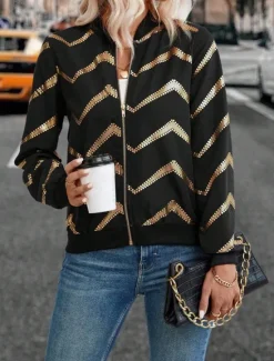 Hot Women's Bomber Jacket Comfortable Breathable Zipper Print Casual Geometric Vacation Street Casual Daily Wear Zipper Short Stand Collar Regular Fit Long Sleeve Outerwear Summer Spring Women Jackets